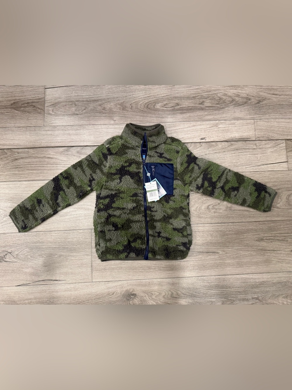 NWT Andy & Evan Green Camo Sherpa Jacket with Navy Zip Pocket Size 7